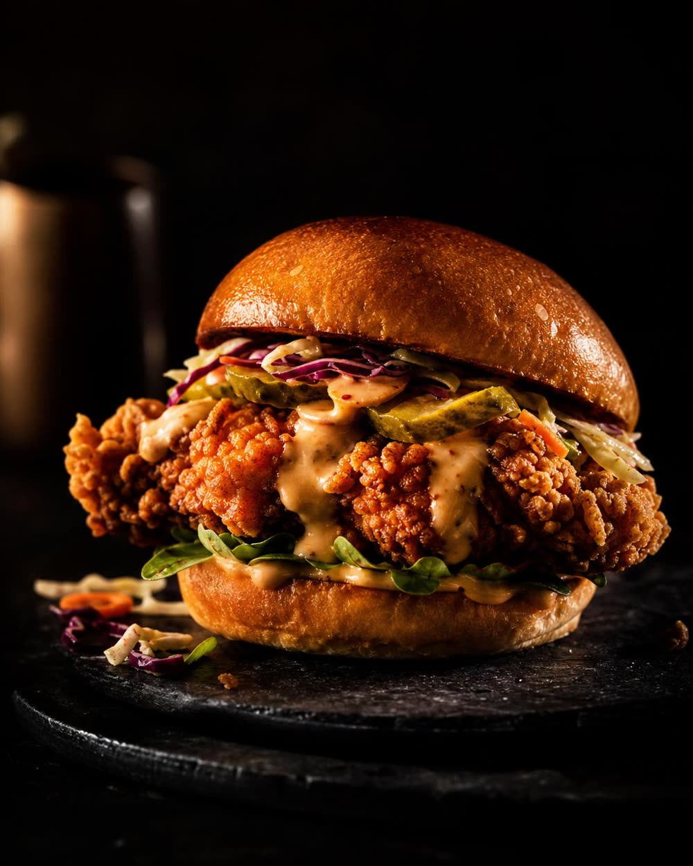 AI food photography of an Al Chick fried chicken sandwich