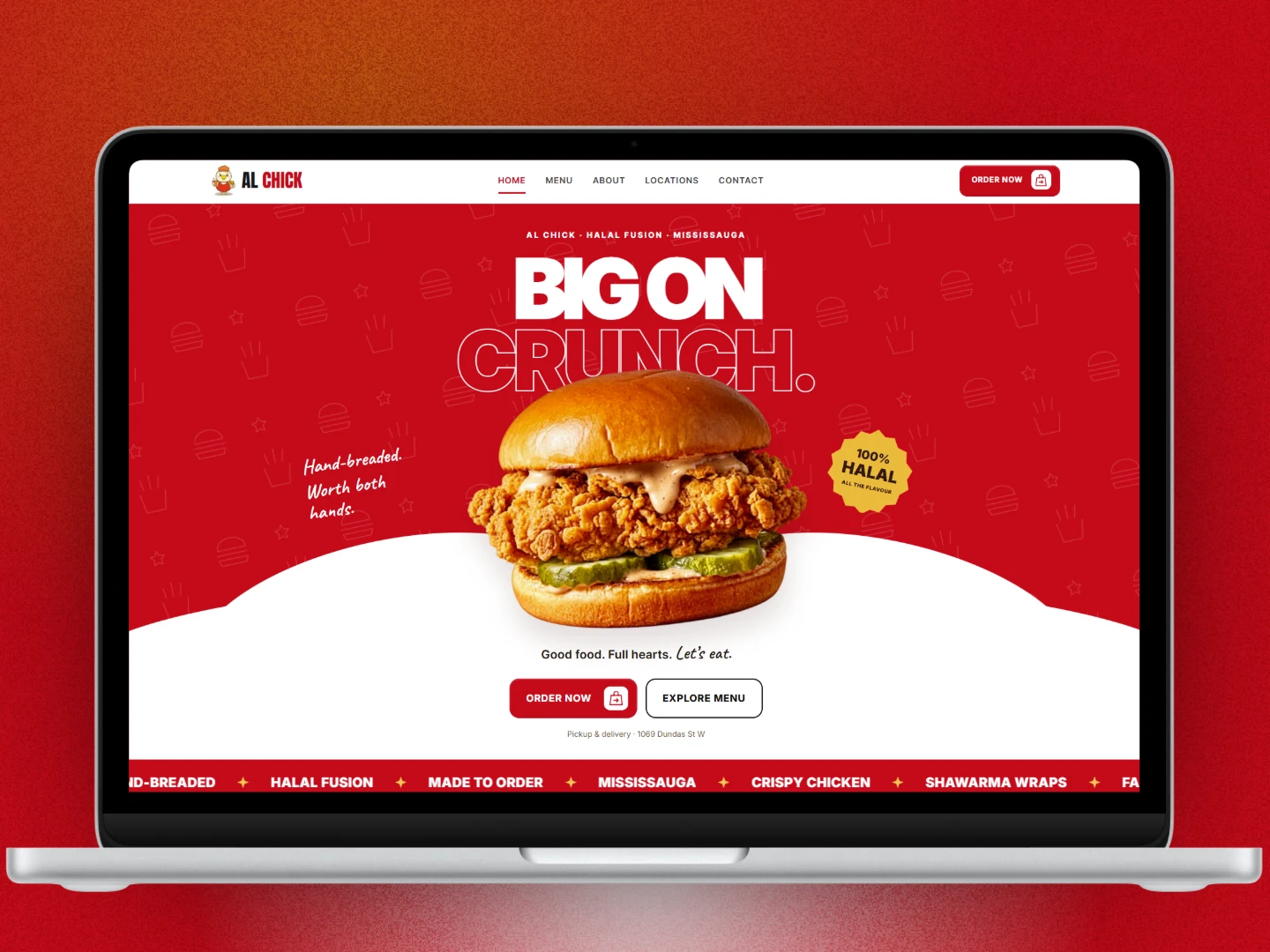 Al Chick’s Big on Crunch website displayed on a laptop, designed and built by VenustAI