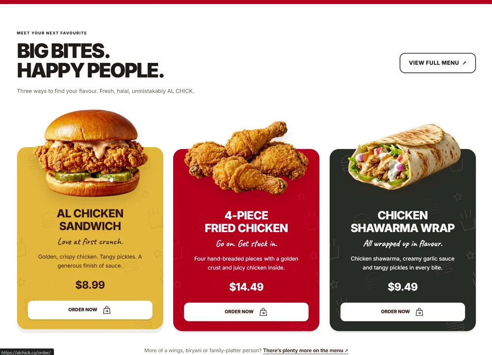 Al Chick’s website featuring its chicken sandwich, fried chicken, and shawarma wrap