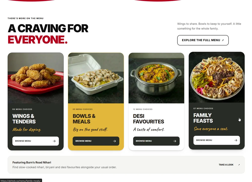 Al Chick’s website menu categories: wings and tenders, bowls and meals, desi favourites, and family feasts