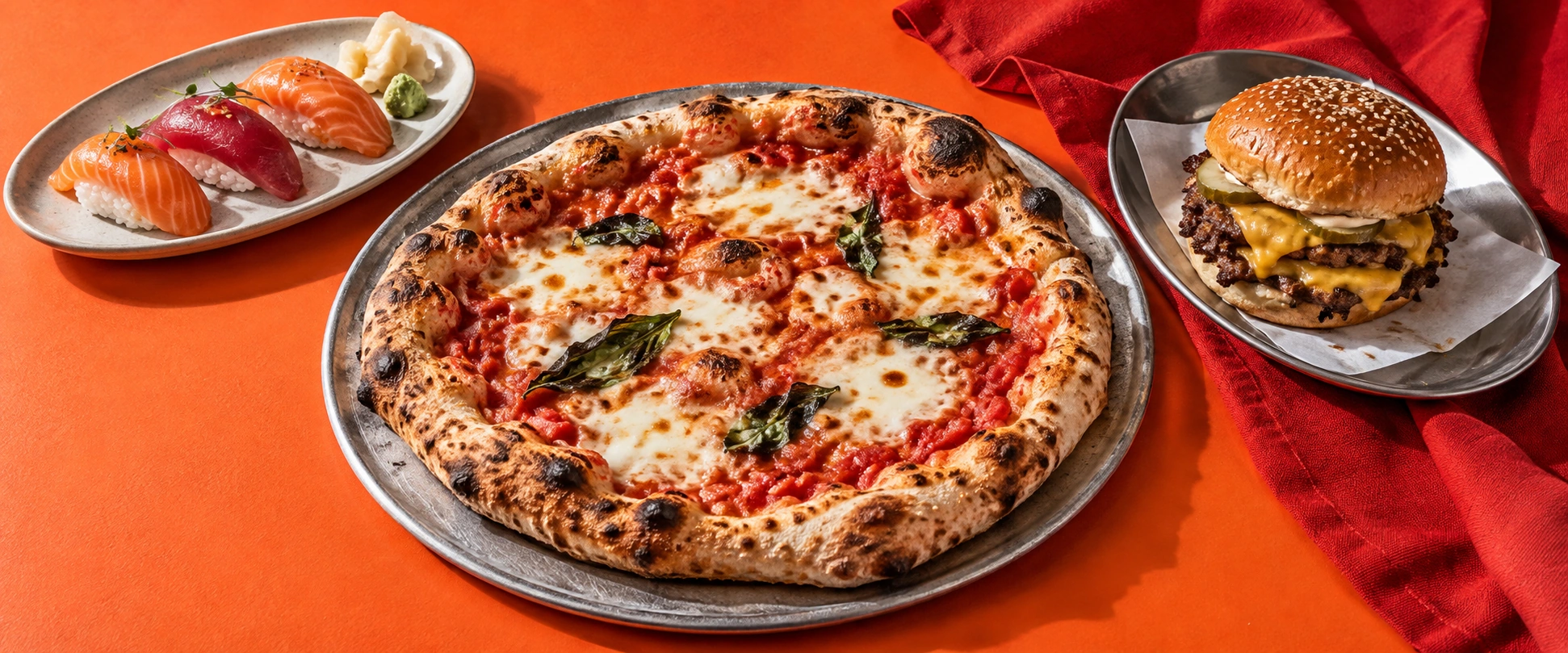 Margherita pizza, a smash cheeseburger, and nigiri on a vivid orange table with red linen, an AI-generated food campaign concept