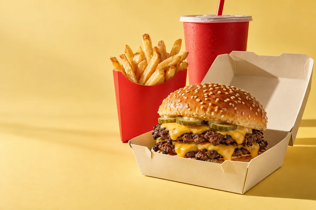 Burger and golden fries in warm red takeaway packaging, an AI-generated campaign concept